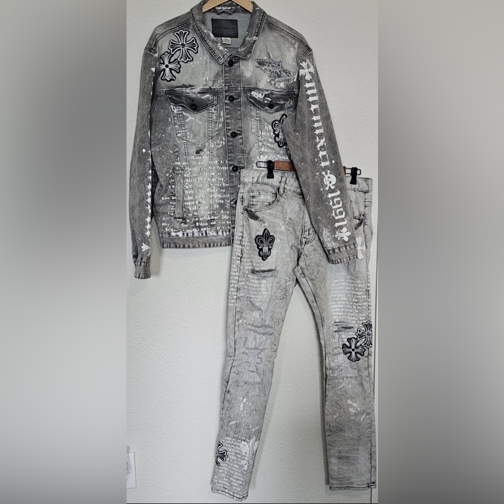 Smoke Rise Denim Jacket (LG) & Jeans 34x34 Combo Distressed Cross & Eternity Hat
